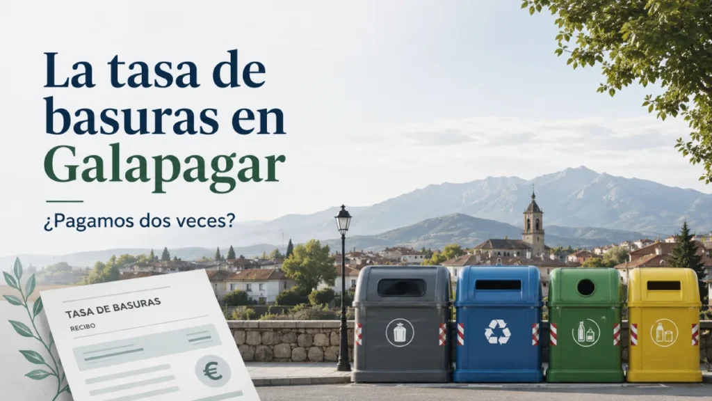 Imagen sobre la tasa de basuras en Galapagar con contenedores de reciclaje, un recibo y la pregunta de si los vecinos pagan dos veces.