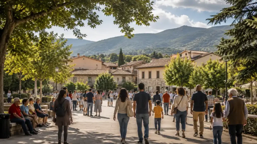 Vecinos de distintas edades caminando por una plaza de un municipio de la Sierra de Madrid