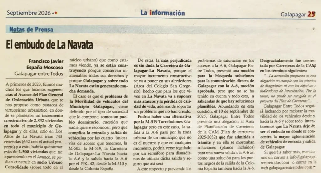 Recorte del artículo «El embudo de La Navata», publicado en La información en septiembre de 2026