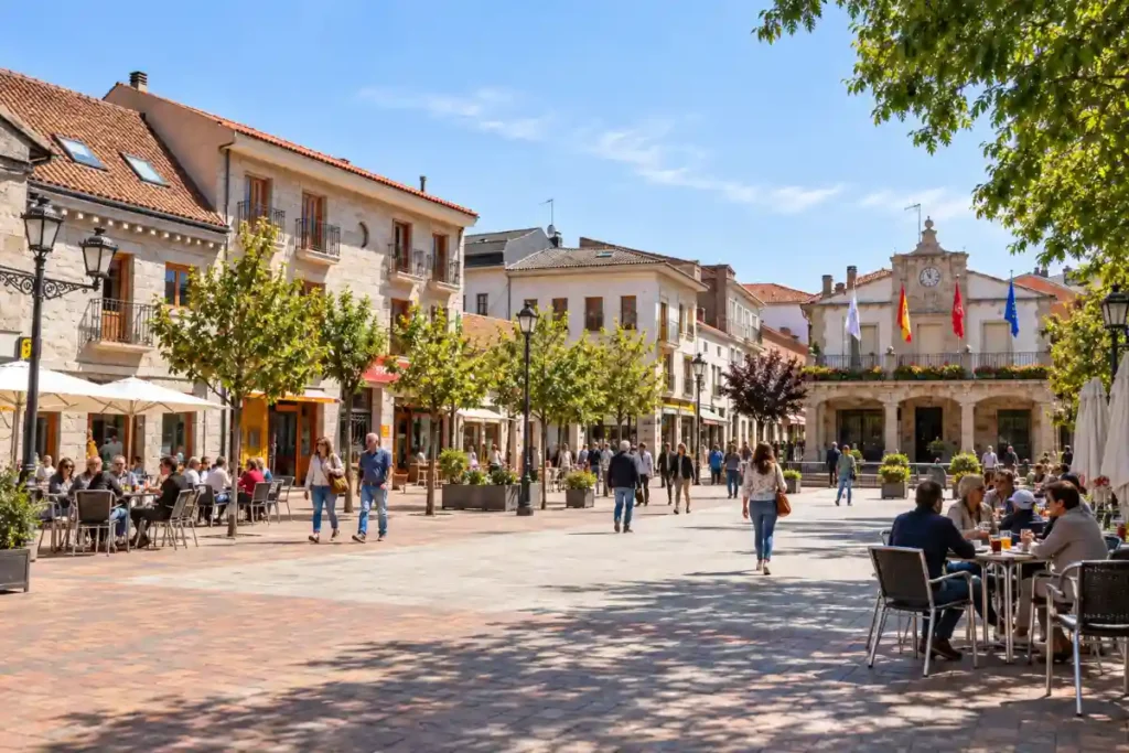 Plaza de la Constitución de Galapagar con terrazas, comercios y actividad vecinal